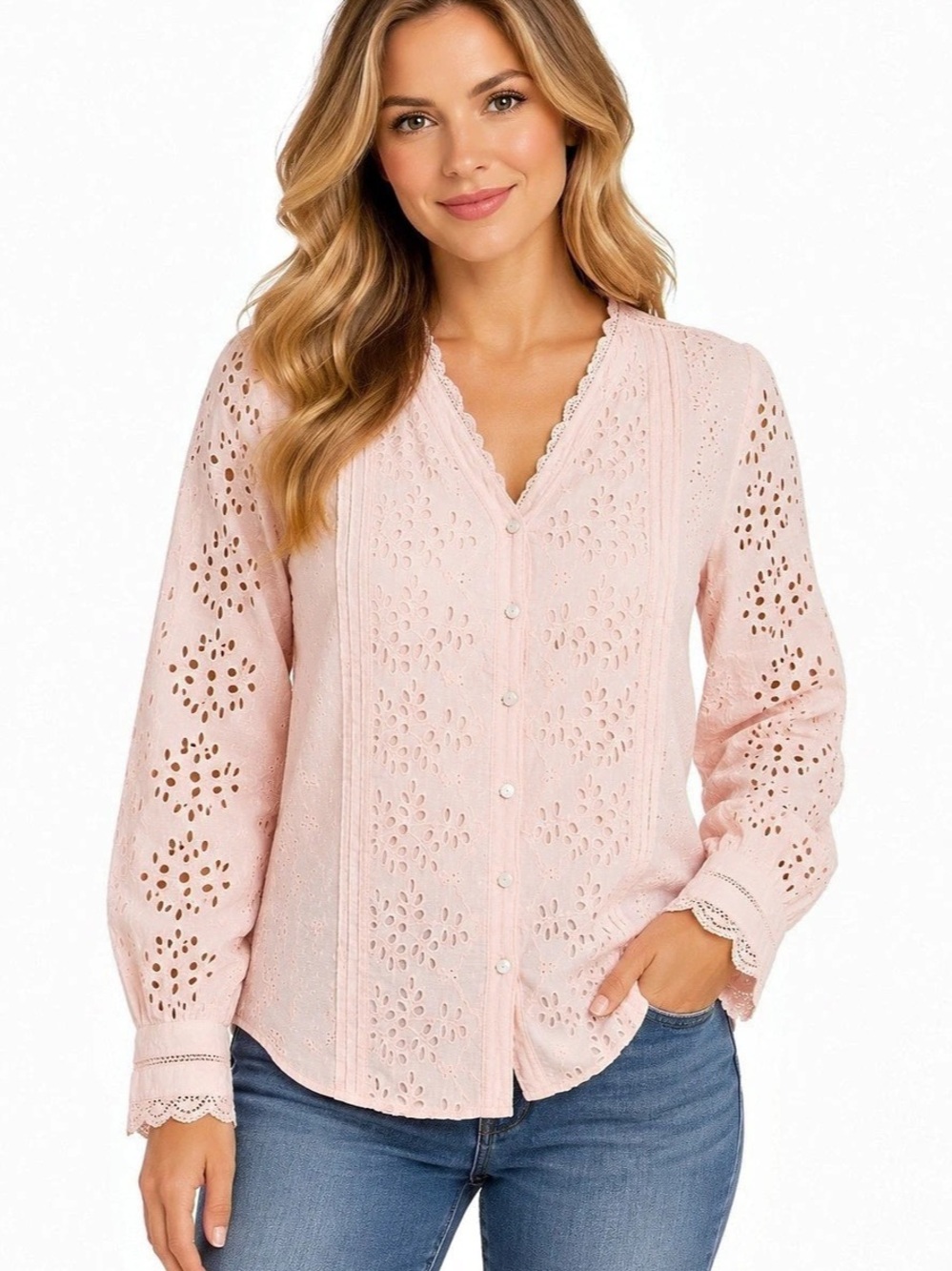 Sundance Valeria Eyelet Button Front Blouse Light Pink Size Large